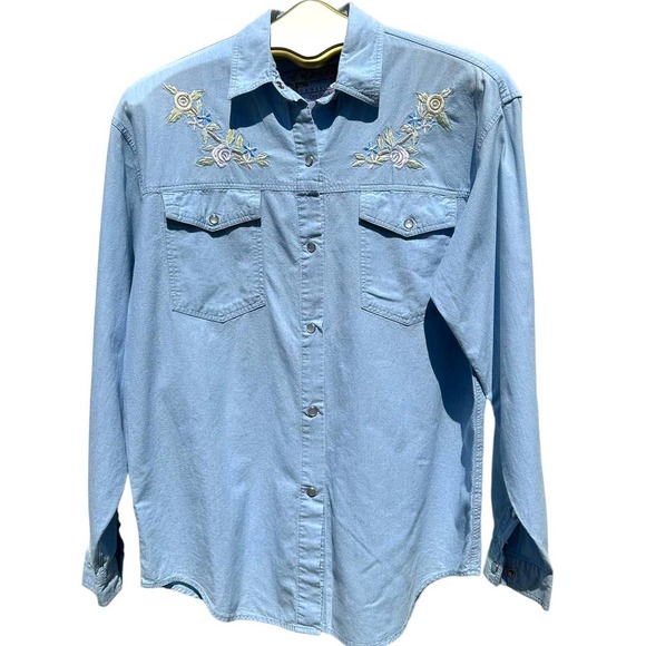 Cambridge Dry Goods Tops - Cambridge Dry Goods - Vintage Snap Front Denim Shirt with Embroidery, Size 6
